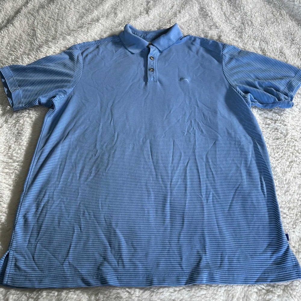 Tommy Bahama Men's Blue Striped Polo Shirt Size Medium Modal Blend Short Sleeve